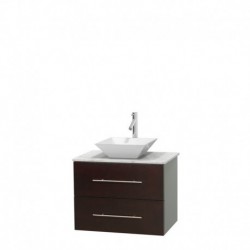 30 inch Single Bathroom Vanity in Espresso, White Carrera Marble Countertop, Pyra White Porcelain Sink, and No Mirror