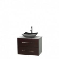 30 inch Single Bathroom Vanity in Espresso, White Carrera Marble Countertop, Altair Black Granite Sink, and No Mirror