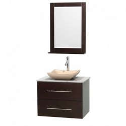 30 inch Single Bathroom Vanity in Espresso, White Carrera Marble Countertop, Avalon Ivory Marble Sink, and 24 inch Mirror