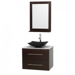30 inch Single Bathroom Vanity in Espresso, White Carrera Marble Countertop, Arista Black Granite Sink, and 24 inch Mirror