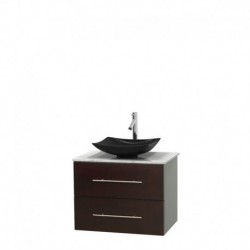 30 inch Single Bathroom Vanity in Espresso, White Carrera Marble Countertop, Arista Black Granite Sink, and No Mirror