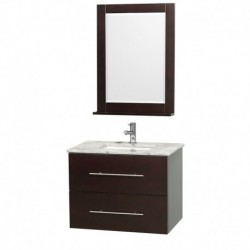 30 inch Single Bathroom Vanity in Espresso, White Carrera Marble Countertop, Square Porcelain Undermount Sink, and 24 inch Mirr