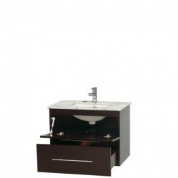 30 inch Single Bathroom Vanity in Espresso, White Carrera Marble Countertop, Undermount Square Sink, and No Mirror