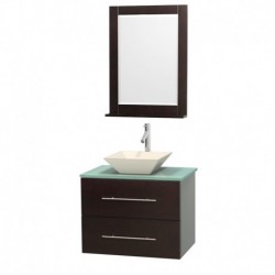 30 inch Single Bathroom Vanity in Espresso, Green Glass Countertop, Pyra Bone Porcelain Sink, and 24 inch Mirror