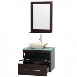 30 inch Single Bathroom Vanity in Espresso, Green Glass Countertop, Pyra Bone Porcelain Sink, and 24 inch Mirror