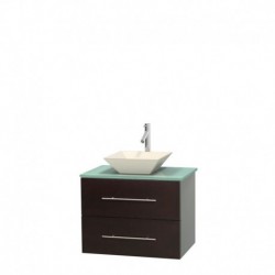 30 inch Single Bathroom Vanity in Espresso, Green Glass Countertop, Pyra Bone Porcelain Sink, and No Mirror