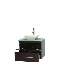 30 inch Single Bathroom Vanity in Espresso, Green Glass Countertop, Pyra Bone Porcelain Sink, and No Mirror