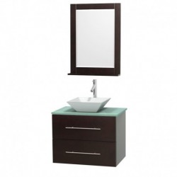 30 inch Single Bathroom Vanity in Espresso, Green Glass Countertop, Pyra White Porcelain Sink, and 24 inch Mirror