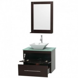 30 inch Single Bathroom Vanity in Espresso, Green Glass Countertop, Pyra White Porcelain Sink, and 24 inch Mirror