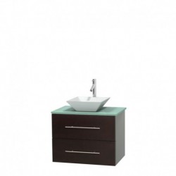 30 inch Single Bathroom Vanity in Espresso, Green Glass Countertop, Pyra White Porcelain Sink, and No Mirror