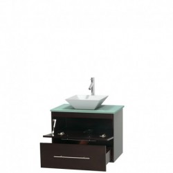 30 inch Single Bathroom Vanity in Espresso, Green Glass Countertop, Pyra White Porcelain Sink, and No Mirror