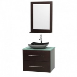 30 inch Single Bathroom Vanity in Espresso, Green Glass Countertop, Altair Black Granite Sink, and 24 inch Mirror