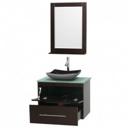 30 inch Single Bathroom Vanity in Espresso, Green Glass Countertop, Altair Black Granite Sink, and 24 inch Mirror
