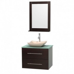 30 inch Single Bathroom Vanity in Espresso, Green Glass Countertop, Avalon Ivory Marble Sink, and 24 inch Mirror