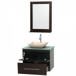 30 inch Single Bathroom Vanity in Espresso, Green Glass Countertop, Avalon Ivory Marble Sink, and 24 inch Mirror