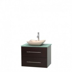 30 inch Single Bathroom Vanity in Espresso, Green Glass Countertop, Avalon Ivory Marble Sink, and No Mirror