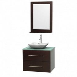 30 inch Single Bathroom Vanity in Espresso, Green Glass Countertop, Avalon White Carrera Marble Sink, and 24 inch Mirror