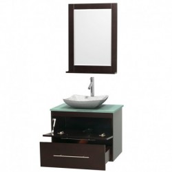30 inch Single Bathroom Vanity in Espresso, Green Glass Countertop, Avalon White Carrera Marble Sink, and 24 inch Mirror