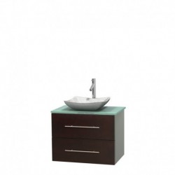 30 inch Single Bathroom Vanity in Espresso, Green Glass Countertop, Avalon White Carrera Marble Sink, and No Mirror