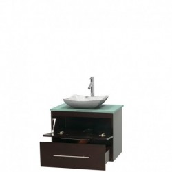 30 inch Single Bathroom Vanity in Espresso, Green Glass Countertop, Avalon White Carrera Marble Sink, and No Mirror