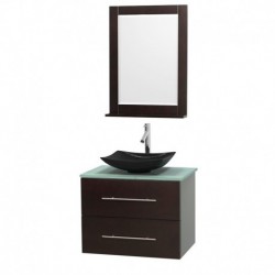 30 inch Single Bathroom Vanity in Espresso, Green Glass Countertop, Arista Black Granite Sink, and 24 inch Mirror