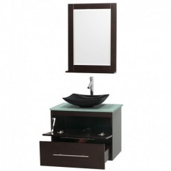 30 inch Single Bathroom Vanity in Espresso, Green Glass Countertop, Arista Black Granite Sink, and 24 inch Mirror