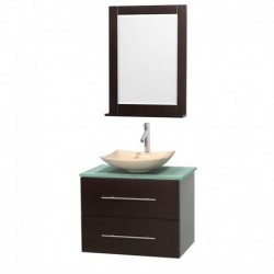 30 inch Single Bathroom Vanity in Espresso, Green Glass Countertop, Arista Ivory Marble Sink, and 24 inch Mirror