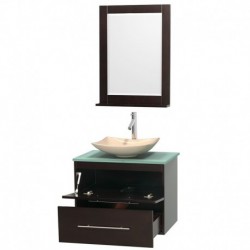 30 inch Single Bathroom Vanity in Espresso, Green Glass Countertop, Arista Ivory Marble Sink, and 24 inch Mirror