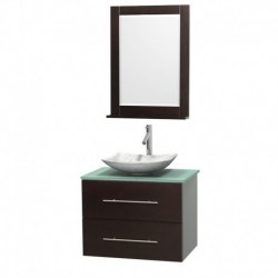 30 inch Single Bathroom Vanity in Espresso, Green Glass Countertop, Arista White Carrera Marble Sink, and 24 inch Mirror