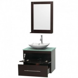 30 inch Single Bathroom Vanity in Espresso, Green Glass Countertop, Arista White Carrera Marble Sink, and 24 inch Mirror