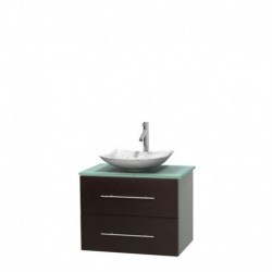 30 inch Single Bathroom Vanity in Espresso, Green Glass Countertop, Arista White Carrera Marble Sink, and No Mirror