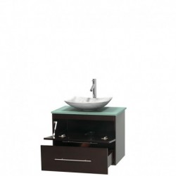 30 inch Single Bathroom Vanity in Espresso, Green Glass Countertop, Arista White Carrera Marble Sink, and No Mirror