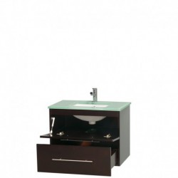 30 inch Single Bathroom Vanity in Espresso, Green Glass Countertop, Undermount Square Sink, and No Mirror