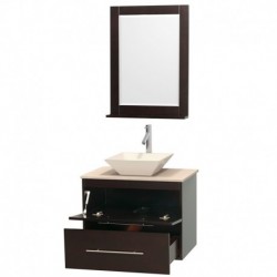 30 inch Single Bathroom Vanity in Espresso, Ivory Marble Countertop, Pyra Bone Porcelain Sink, and 24 inch Mirror