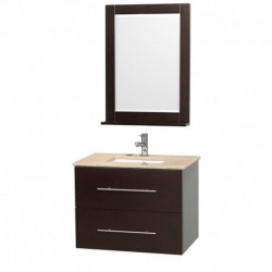 30 inch Single Bathroom Vanity in Espresso, White Ivory Marble Countertop, Square Porcelain Undermount Sink, and 24 inch Mirror