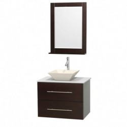 30 inch Single Bathroom Vanity in Espresso, White Man-Made Stone Countertop, Pyra Bone Porcelain Sink, and 24 inch Mirror