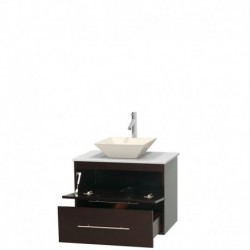 30 inch Single Bathroom Vanity in Espresso, White Man-Made Stone Countertop, Pyra Bone Porcelain Sink, and No Mirror