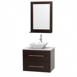 30 inch Single Bathroom Vanity in Espresso, White Man-Made Stone Countertop, Pyra White Porcelain Sink, and 24 inch Mirror