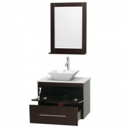 30 inch Single Bathroom Vanity in Espresso, White Man-Made Stone Countertop, Pyra White Porcelain Sink, and 24 inch Mirror