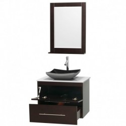 30 inch Single Bathroom Vanity in Espresso, White Man-Made Stone Countertop, Altair Black Granite Sink, and 24 inch Mirror