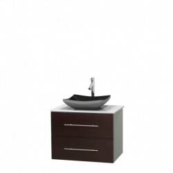 30 inch Single Bathroom Vanity in Espresso, White Man-Made Stone Countertop, Altair Black Granite Sink, and No Mirror