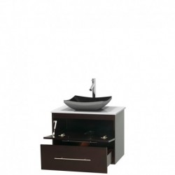 30 inch Single Bathroom Vanity in Espresso, White Man-Made Stone Countertop, Altair Black Granite Sink, and No Mirror