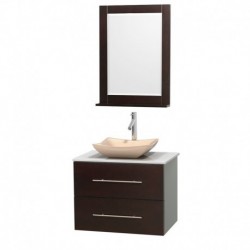 30 inch Single Bathroom Vanity in Espresso, White Man-Made Stone Countertop, Avalon Ivory Marble Sink, and 24 inch Mirror