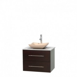 30 inch Single Bathroom Vanity in Espresso, White Man-Made Stone Countertop, Avalon Ivory Marble Sink, and No Mirror