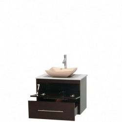 30 inch Single Bathroom Vanity in Espresso, White Man-Made Stone Countertop, Avalon Ivory Marble Sink, and No Mirror