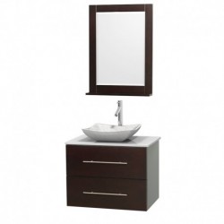 30 inch Single Bathroom Vanity in Espresso, White Man-Made Stone Countertop, Avalon White Carrera Marble Sink, and 24 inch Mirr