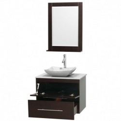 30 inch Single Bathroom Vanity in Espresso, White Man-Made Stone Countertop, Avalon White Carrera Marble Sink, and 24 inch Mirr