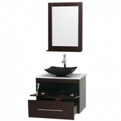 30 inch Single Bathroom Vanity in Espresso, White Man-Made Stone Countertop, Arista Black Granite Sink, and 24 inch Mirror