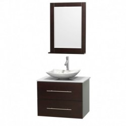 30 inch Single Bathroom Vanity in Espresso, White Man-Made Stone Countertop, Arista White Carrera Marble Sink, and 24 inch Mirr