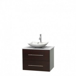 30 inch Single Bathroom Vanity in Espresso, White Man-Made Stone Countertop, Arista White Carrera Marble Sink, and No Mirror